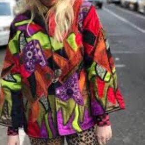 Fluere MOSAIC TILE PATCH KANTHA CAMP SHIRT Jacket Sz XL Women